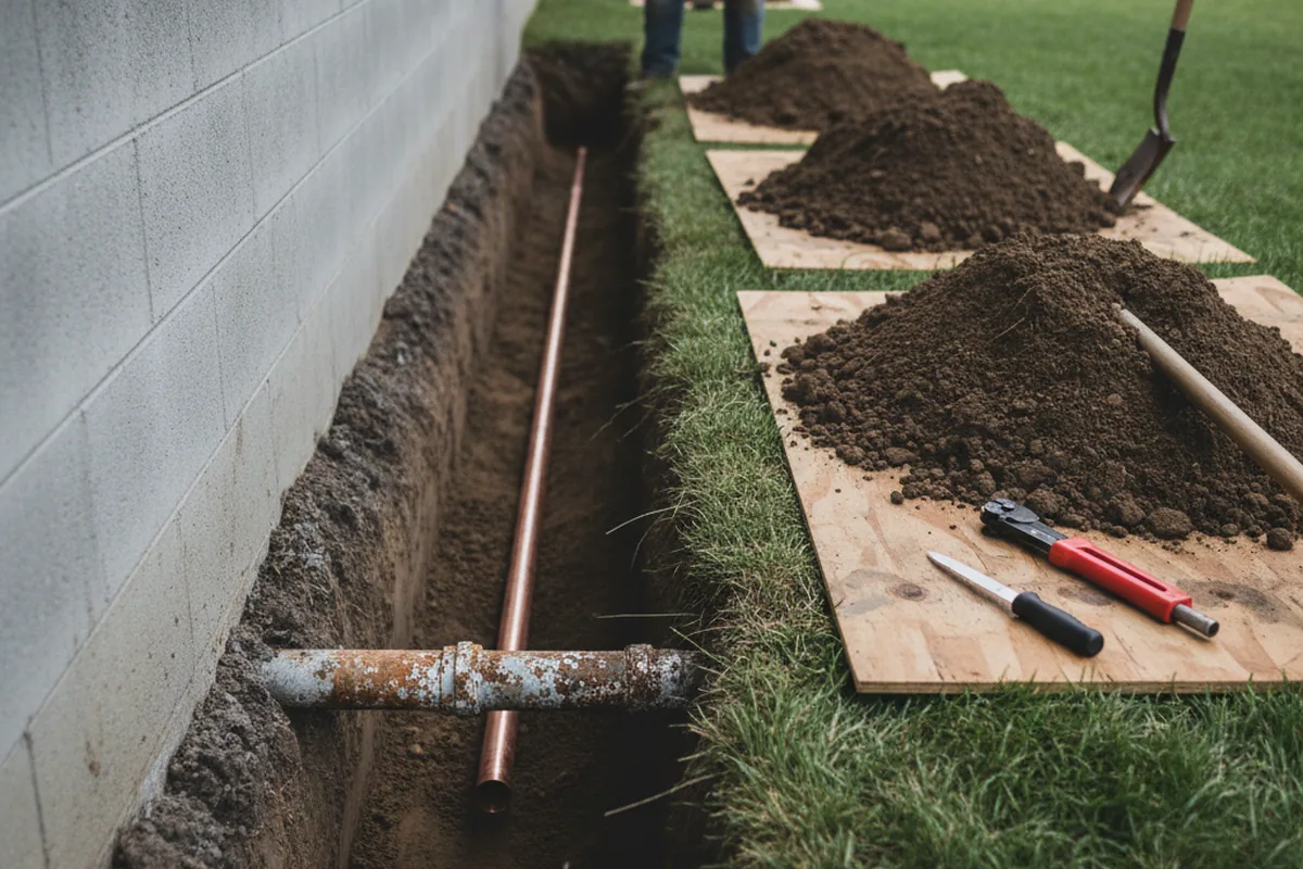 Excavated water line trench during Water Softener Installation in Amesbury